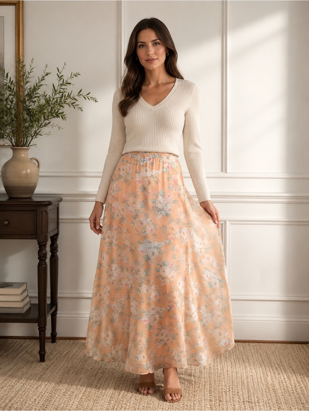 Vintage Lauren Ralph Lauren 100% Silk Floral Maxi Skirt Peach Pink Green 20W